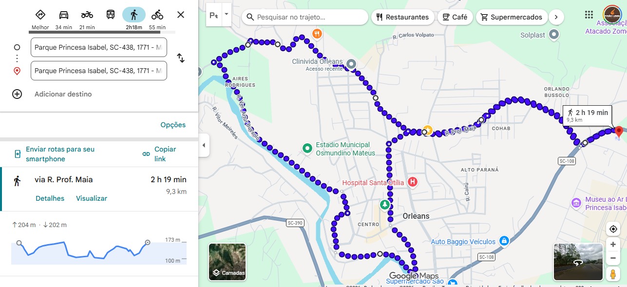 Mapa do percurso de 10 km pelas ruas de Orleans
