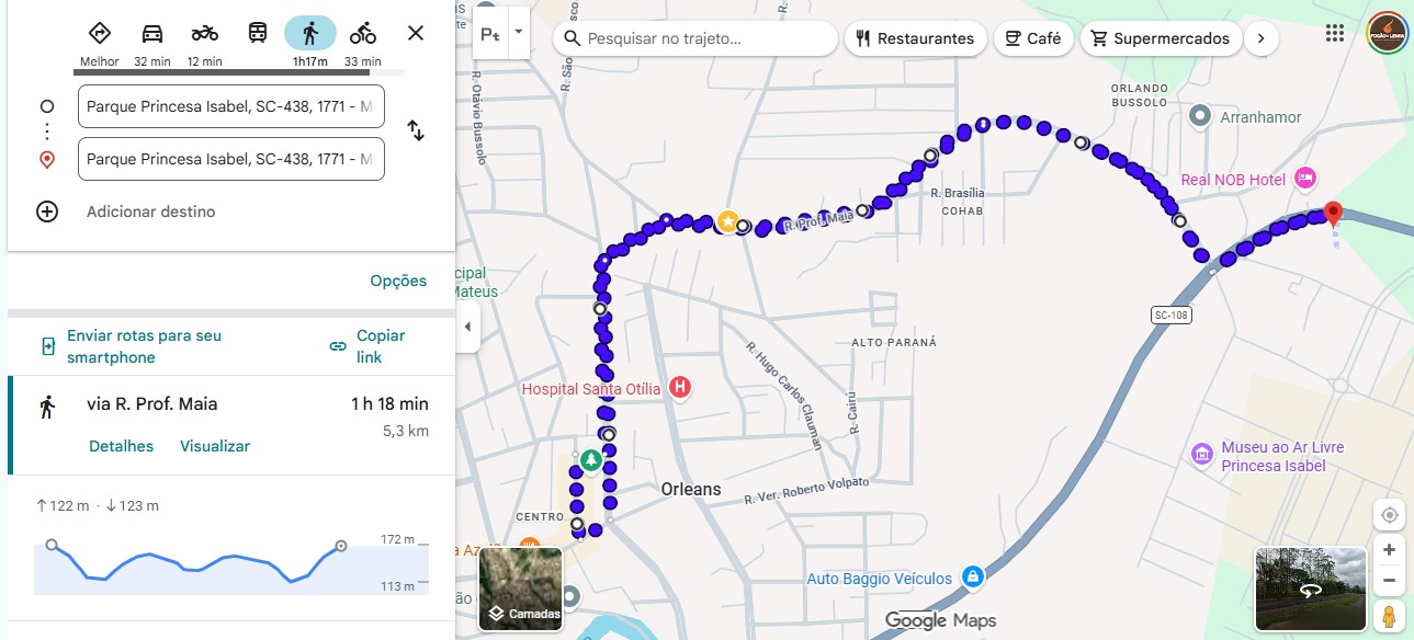Mapa do percurso de 5 km pelas ruas de Orleans